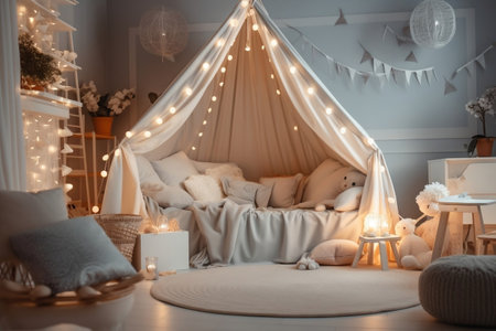 Kids Bedroom in Light Colors: Cozy Kids Room Interior Generative AIの素材