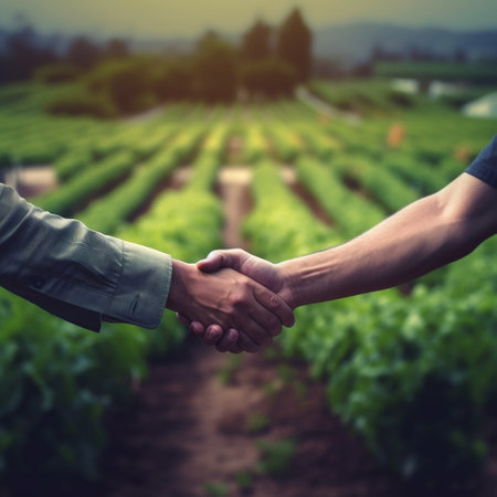 Handshake with Blurred Green Farm Background Generative AIの素材