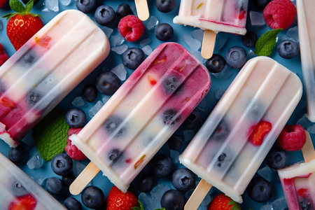 Ice Cream Popsicles with Fruit, Berries, and Ice Toppings Generative AIの素材