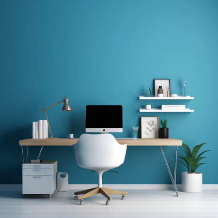 Home Office Desk with Blue Wall and White Table Mockup Generative AIの素材