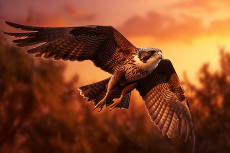 One Flying Falcon in the Nature Background in the Evening Generative AIの素材