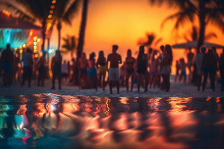 Party Beach Blurred People Having Night Beach Party Generative AIの素材