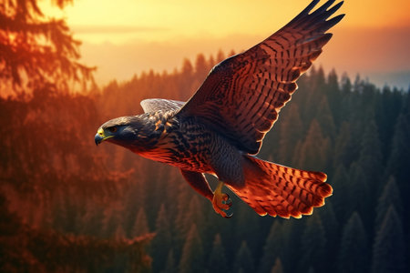 One Flying Falcon in the Nature Background in the Evening Generative AIの素材
