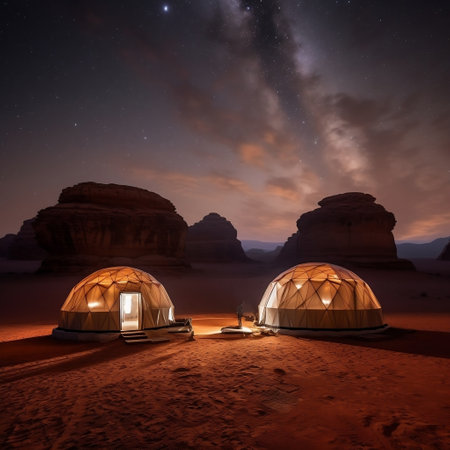 Starry Night Martian Dome Tents under the Wadi Rum Desert Sky Generative AIの素材