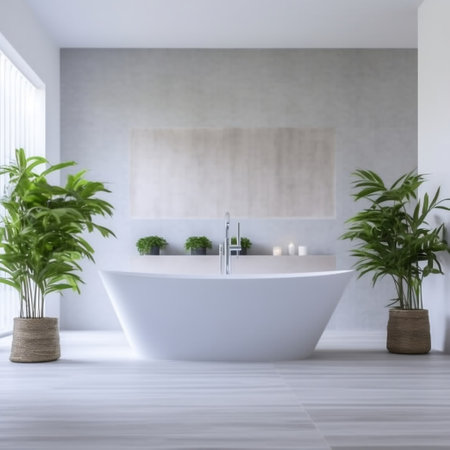Modern White Bathtub in a Spacious Bathroom Generative AIの素材