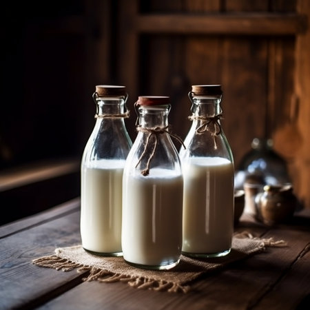 Three Glass Bottles with Wooden Caps of Milk on a Wooden Surface Generative AIの素材