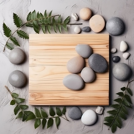 Natural Wooden Pad with Stones and Branches Decorations Generative AIの素材