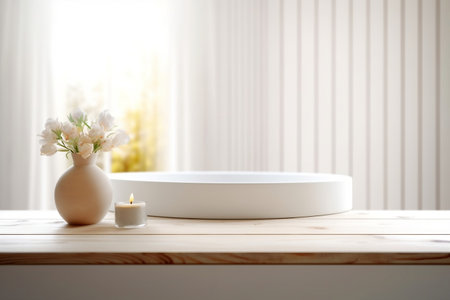 Minimalist White Bathroom Interior with Empty Wooden Table Top Generative AIの素材