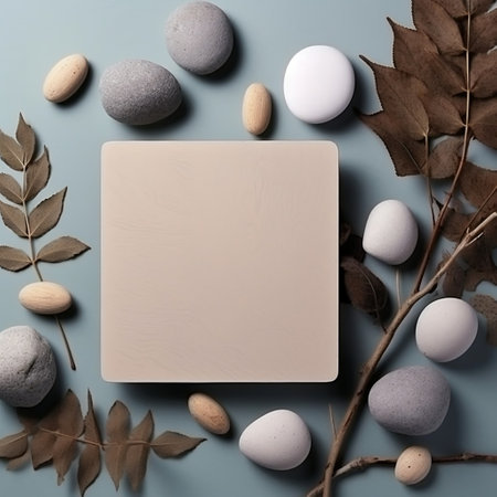 Natural Wooden Pad with Stones and Branches Decorations Generative AIの素材