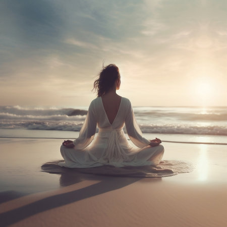 Serene Woman Meditating on the Beach Generative AIの素材