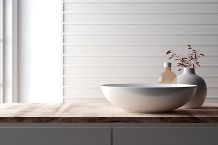 Minimalist White Bathroom Interior with Empty Wooden Table Top Generative AIの素材