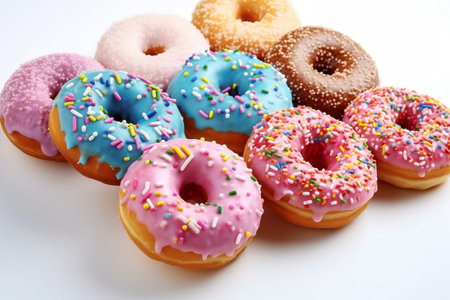 Colorful Sprinkled Donuts, White Background Generative AIの素材
