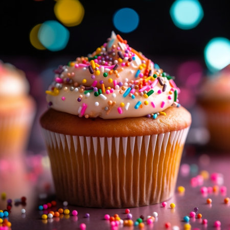 Colorful Sprinkled Cupcake, Hyperrealistic CloseUp Generative AIの素材