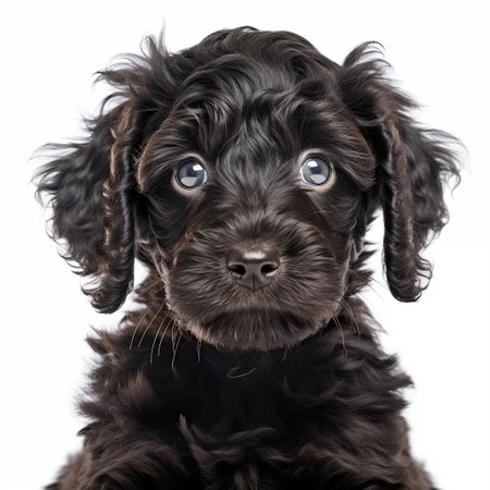 Black Curly Long Hair Puppy White Background Generative AIの素材