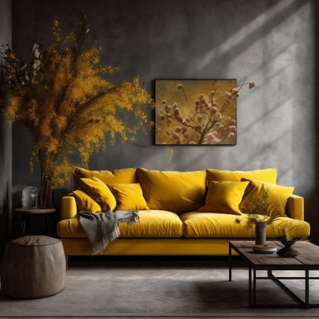 Living Room with Yellow Sofa and Dried Plants Generative AIの素材