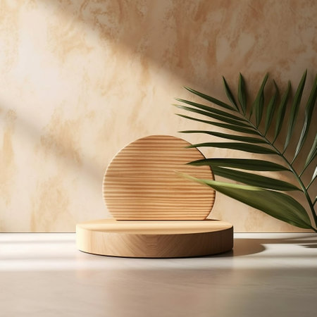 Exquisite Wood Grain Round Wood Podium Dish in Sunlight Generative AIの素材