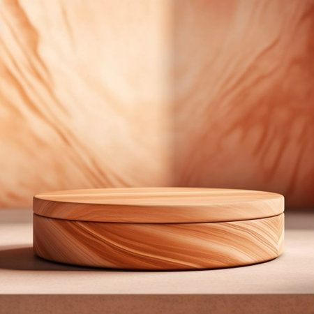 Clean and Smooth Round Teak Wooden Podium with Beautiful Wood Finish Generative AIの素材