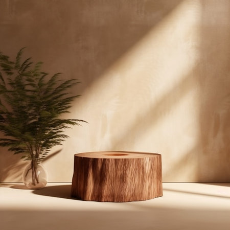 Minimal Natural Log Wood Podium Table in Dappled Sunlight Generative AIの素材