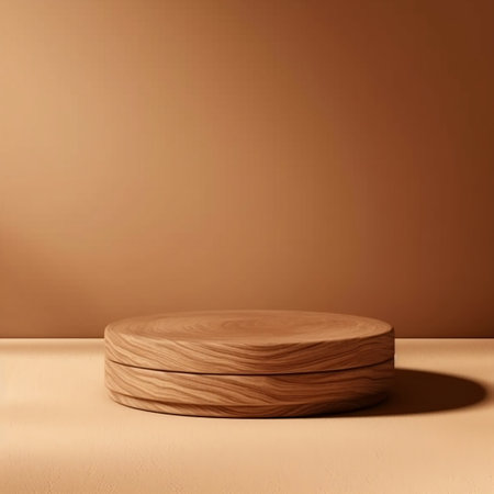 Clean and Smooth Round Teak Wooden Podium with Beautiful Wood Finish Generative AIの素材