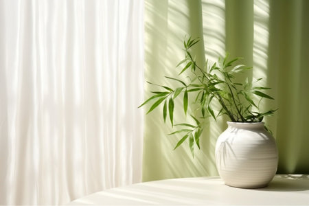 Empty White Counter Table with Fresh Green Bamboo in Cream Setting Generative AIの素材