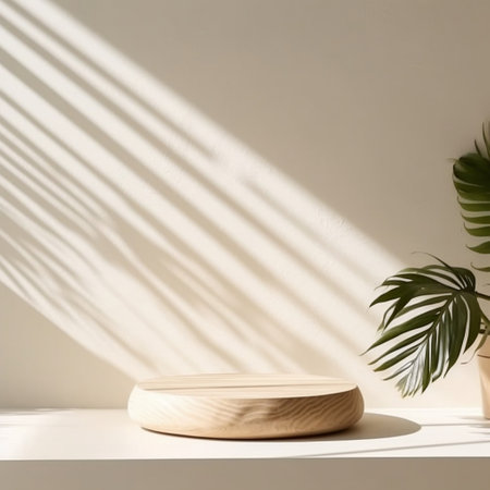 Minimal Natural Log Wood Podium Table in Sunlight with Palm Shadows Generative AIの素材