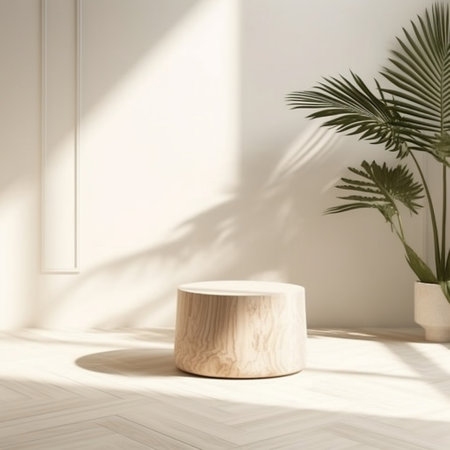 Minimal Natural Log Wood Podium Table in Sunlight with Palm Shadows Generative AIの素材