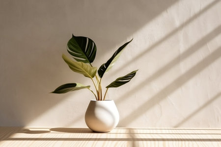 Stylish Green Plant in Modern White Vase on Wooden Plate Generative AIの素材