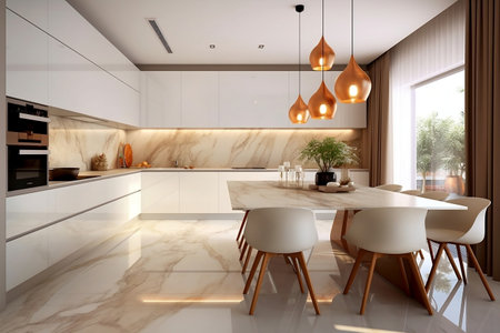 Contemporary Pendant Lighting for Dining Table Island with White Marble Top Generative AIの素材
