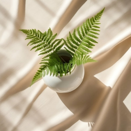 Bird Eye View Green Tropical Fern Plant in White Ceramic Generative AIの素材
