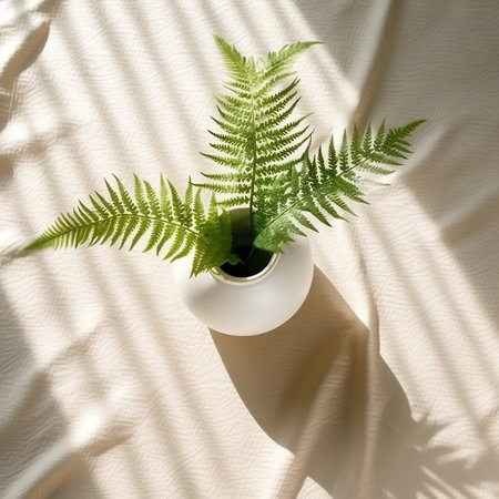 Bird Eye View Green Tropical Fern Plant in White Ceramic Generative AIの素材