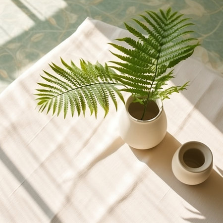 Bird Eye View Green Tropical Fern Plant in White Ceramic Generative AIの素材