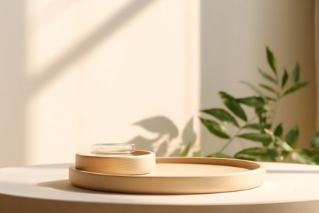 Minimalistic Modern Wooden Round Tray Podiums on White Surface Generative AIの素材