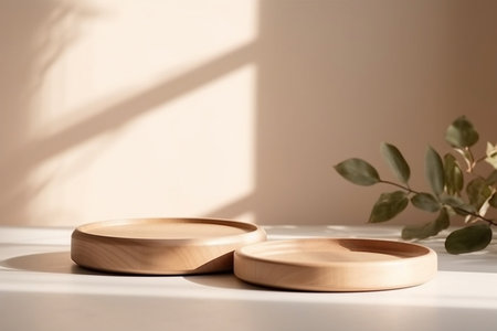 Minimalistic Modern Wooden Round Tray Podiums on White Surface Generative AIの素材