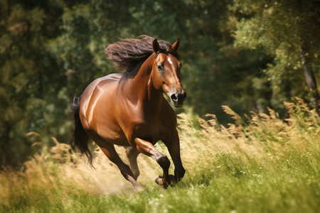 Dynamic Brown Horse in Motion A Stunning Grassland Scene Generative AIの素材