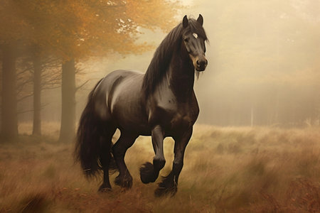 Untamed Friesian Horse Roaming its Natural Habitat Generative AIの素材