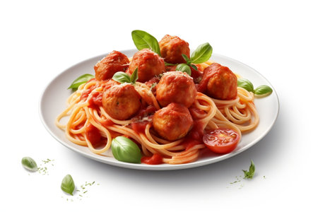 Spaghetti and Meatballs Dish Isolated on White Background Generative AIの素材