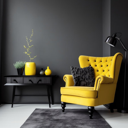 Yellow Armchair in a Black Living Room with Copyspace Generative AIの素材