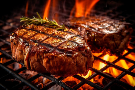 Grilled Beef Steaks with Flames Generative AIの素材
