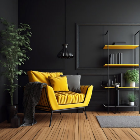 Yellow Armchair in a Black Living Room with Copyspace Generative AIの素材