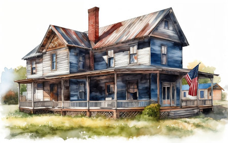 Watercolor Illustration of a Patriotic Farmhouse for 4th of July Generative AIの素材