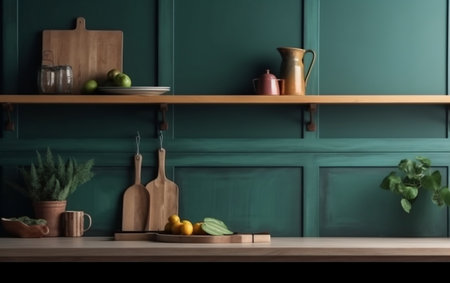 Wooden Shelf with Green Wall Panelling in the Kitchen Generative AIの素材