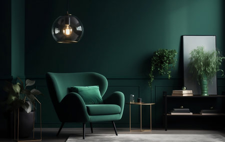 Bright and Cozy Modern Living Room Interior with Green Accents Generative AIの素材