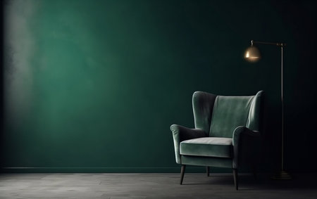 Living Room with a Green Armchair on an Empty Dark Green Background Generative AIの素材