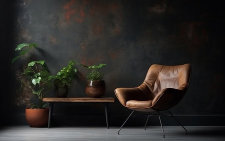 Loft Style Interior with Armchair on a Dark Cement Wall Generative AIの素材