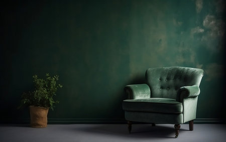 Living Room with a Green Armchair on an Empty Dark Green Background Generative AIの素材