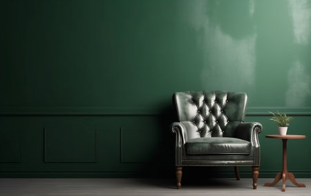 The Interior with an Armchair on an Empty Green Wall Background Generative AIの素材