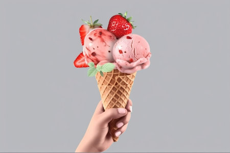 Hand Holding Strawberry Ice Cream Isolated on White Background Generative AIの素材
