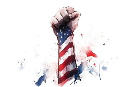 Raised Fist Painted with American Flag on White Background Generative AIの素材