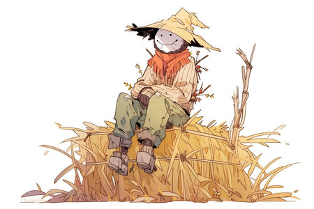 Scarecrow Sitting on Hay on White Background Generative AIの素材