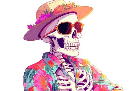 Skeleton Wearing Tropical Shirt Glasses and Hat on White Background Generative AIの素材